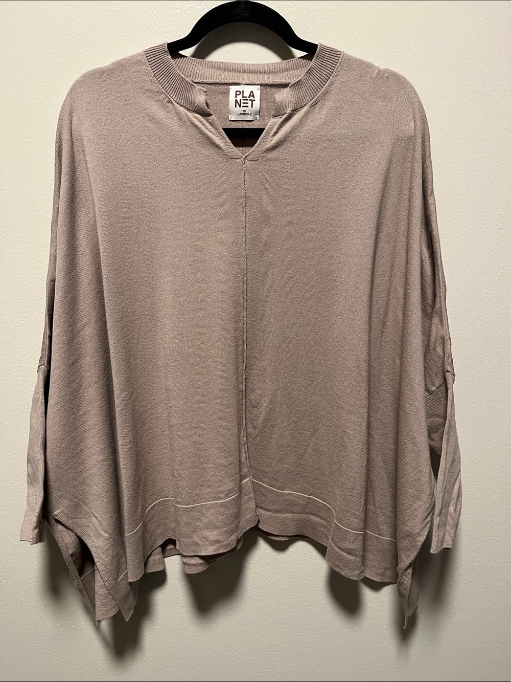 PLANET BY LAUREN G Taupe Split Neck Oversized Boxy Knit Sweater, Size OS